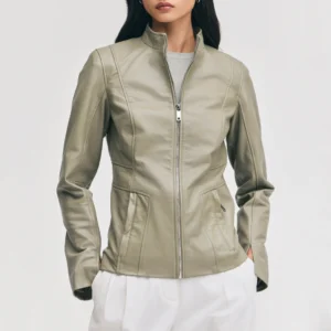 Womens minimalist olive leather moto jacket