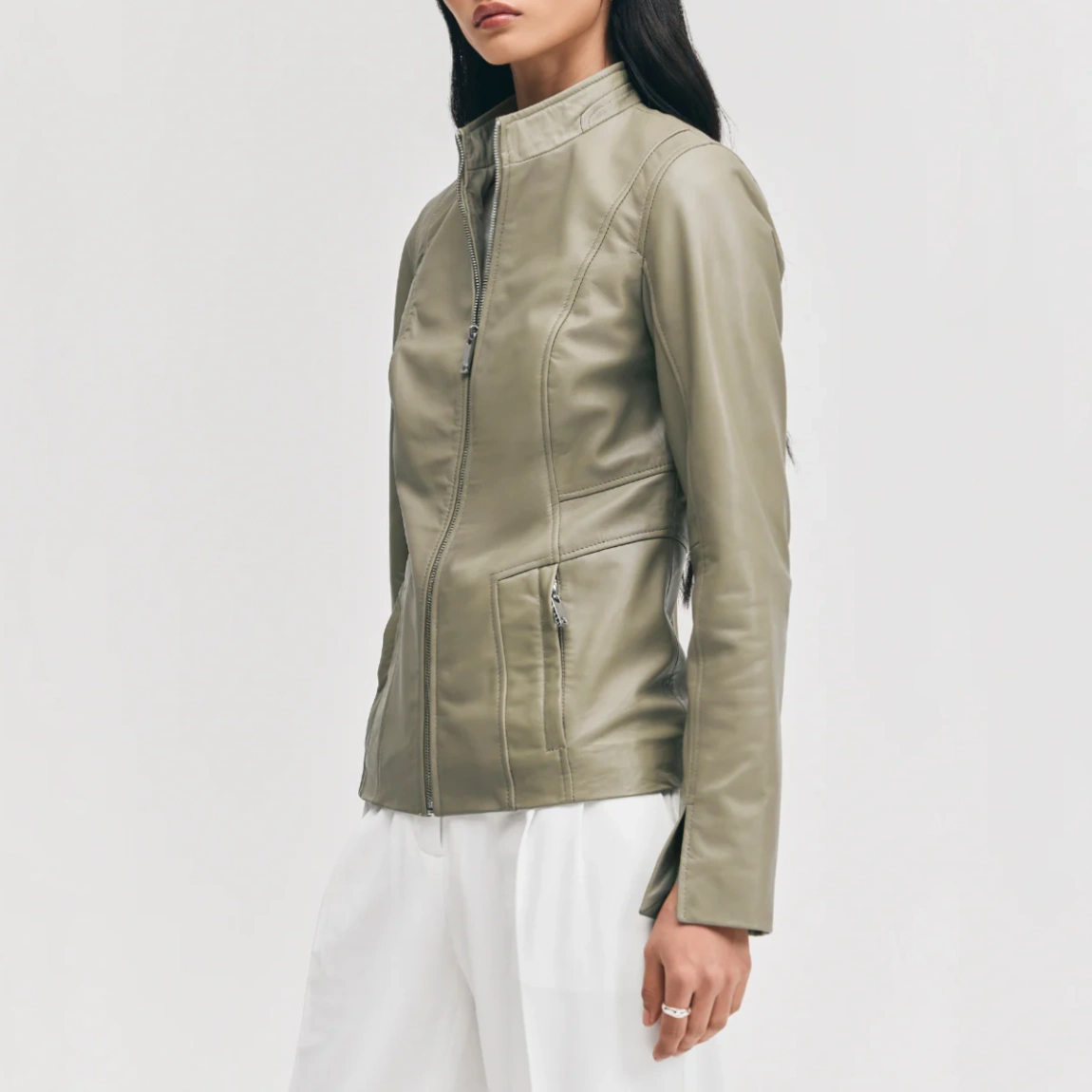 Womens minimalist olive moto jacket