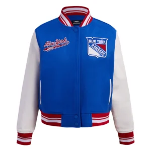 Womens new york rangers script tail wool leather varsity jacket blue white 1