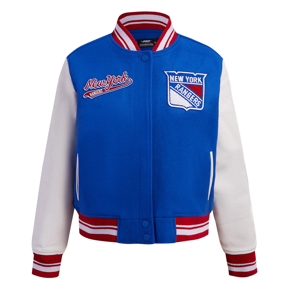 Womens new york rangers script tail wool leather varsity jacket blue white 1