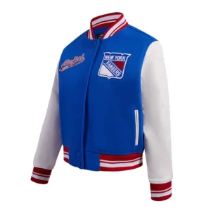 Womens new york rangers script tail wool leather varsity jacket blue white 2