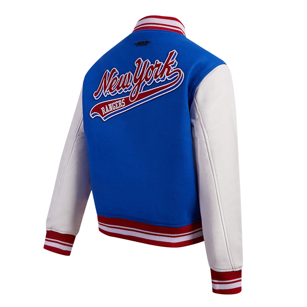 Womens new york rangers script tail wool leather varsity jacket blue white 3