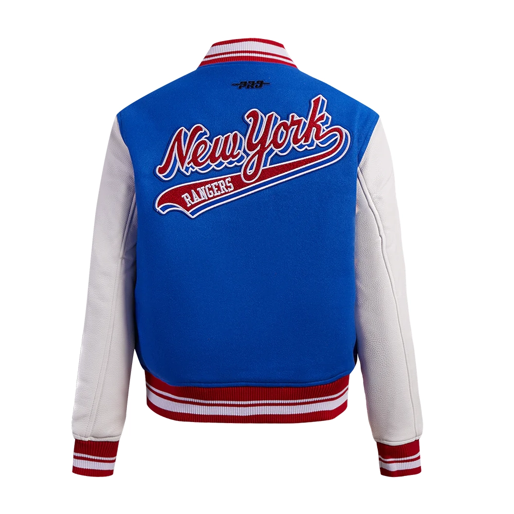 Womens new york rangers script tail wool leather varsity jacket blue white 4