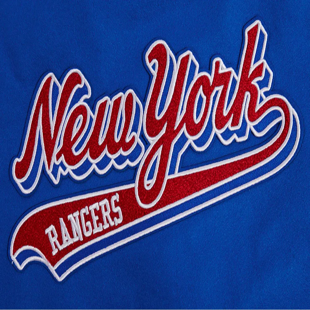 Womens new york rangers script tail wool leather varsity jacket blue white 5