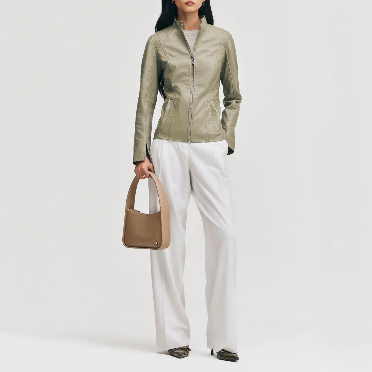 Womens olive leather jacket minimalist