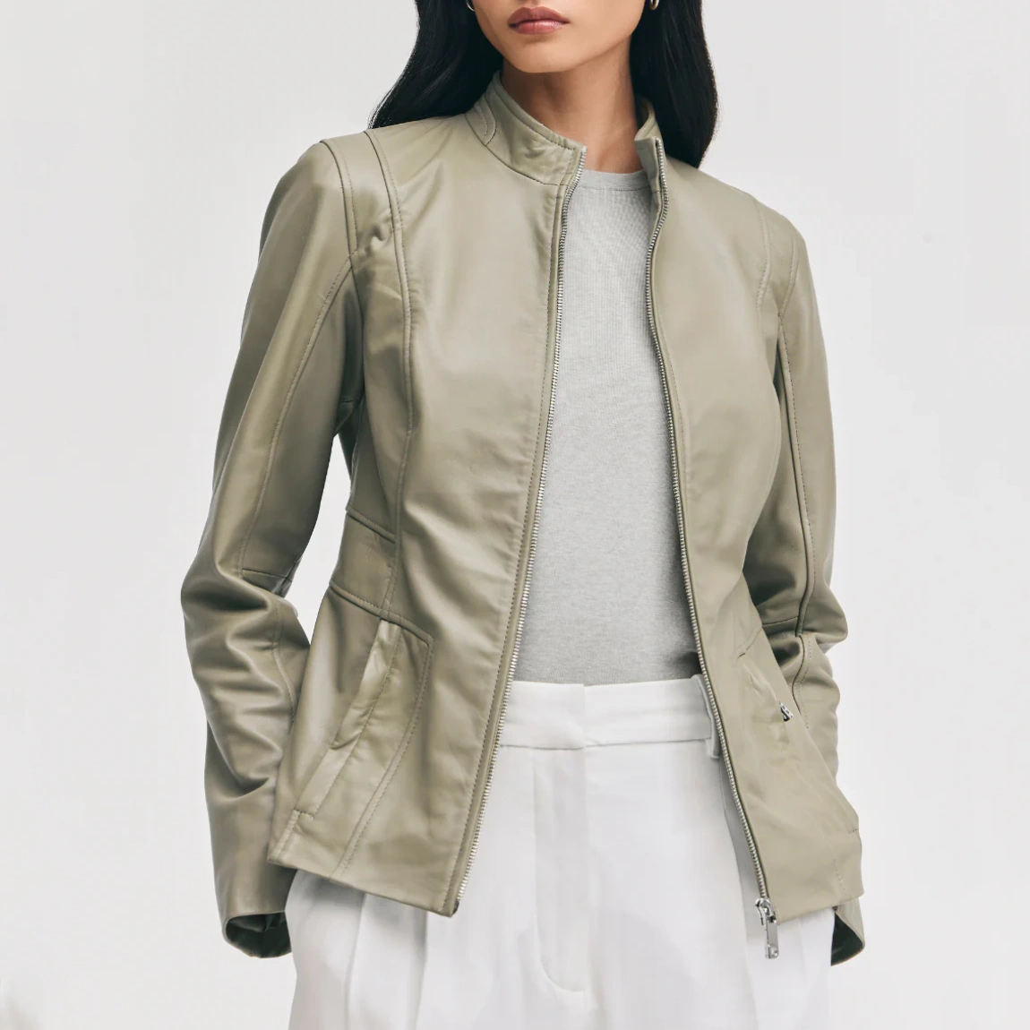 Womens olive leather moto jacket minimalist