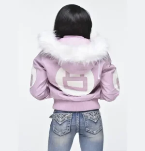 Womens pink 8 ball bomber leather jacket back