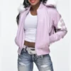 Womens pink 8 ball bomber leather jacket front