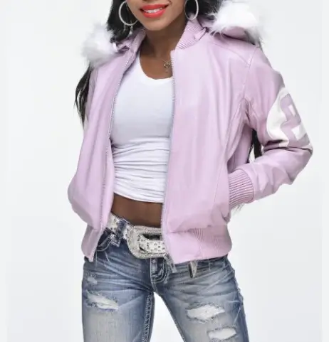 Womens pink 8 ball bomber leather jacket front