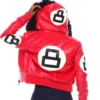 Womens red 8 ball bomber leather jacket back