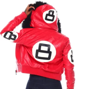 Womens red 8 ball bomber leather jacket back