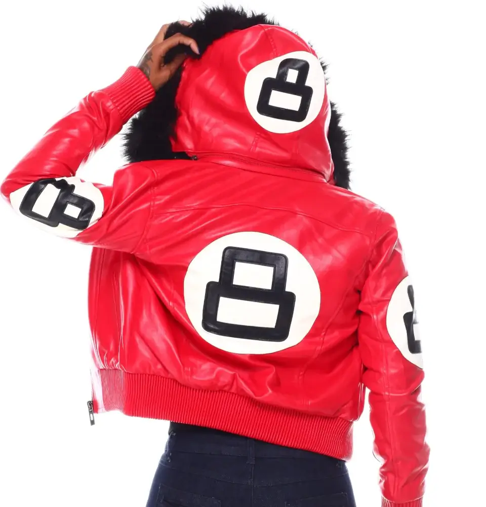 Womens red 8 ball bomber leather jacket back