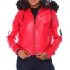 Womens red 8 ball bomber leather jacket front