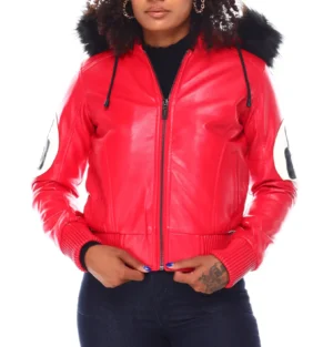 Womens red 8 ball bomber leather jacket front