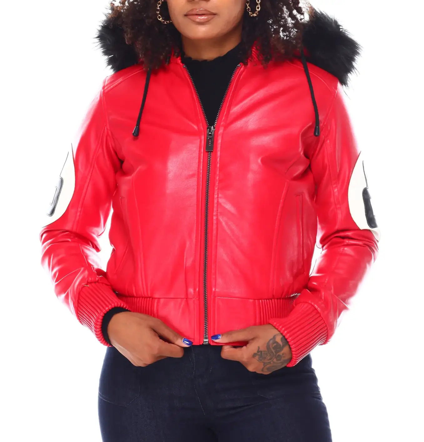 Womens red 8 ball bomber leather jacket front