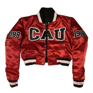 Womensclark atlanta panthers 1988 burgundy campus remix satin varsity cropped jacket