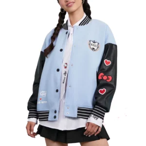 Xo hello kitty sky blue black varsity jacket 1