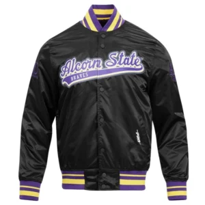 Alcorn state braves classic full snap satin black varsity jacket