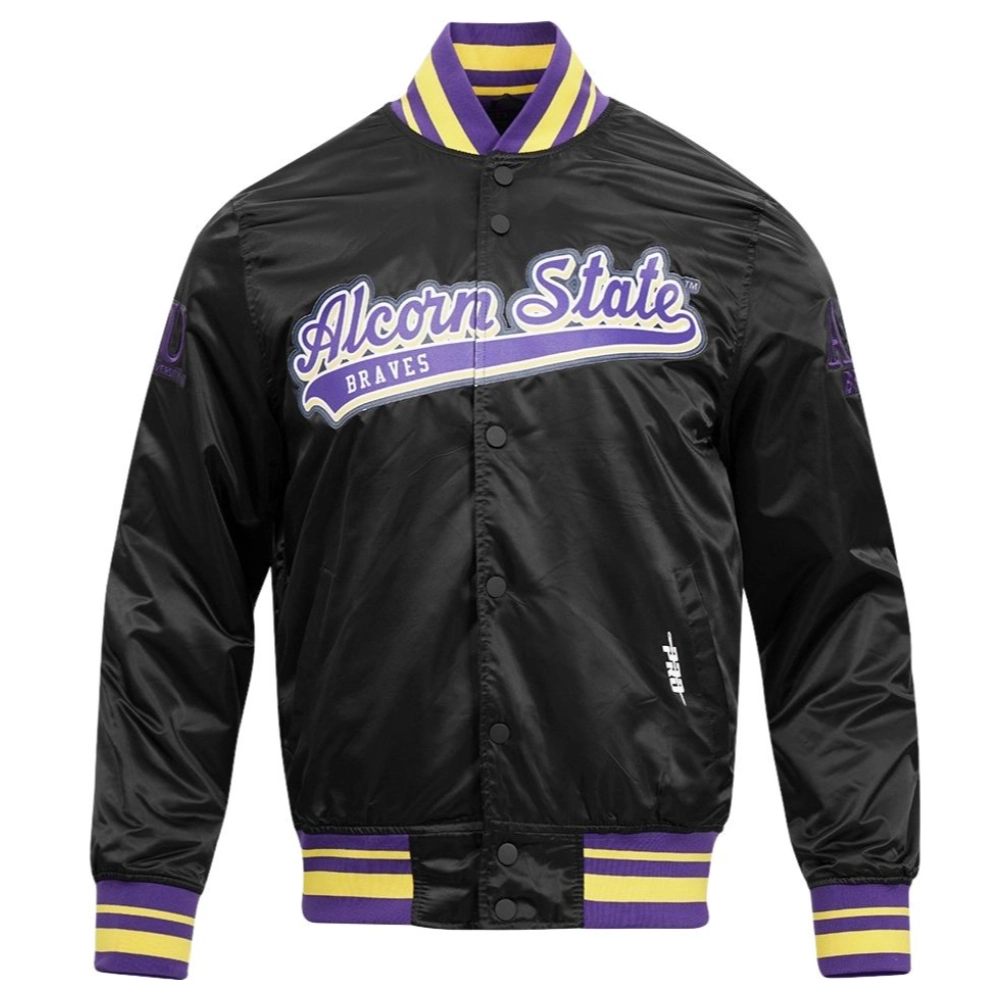 Alcorn state braves classic full snap satin black varsity jacket