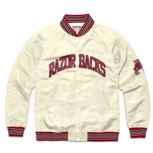 Arkansas razorbacks full snap satin varsity jacket cream 1