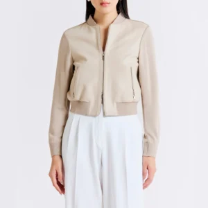Beige womens slim fit wool leather jacket
