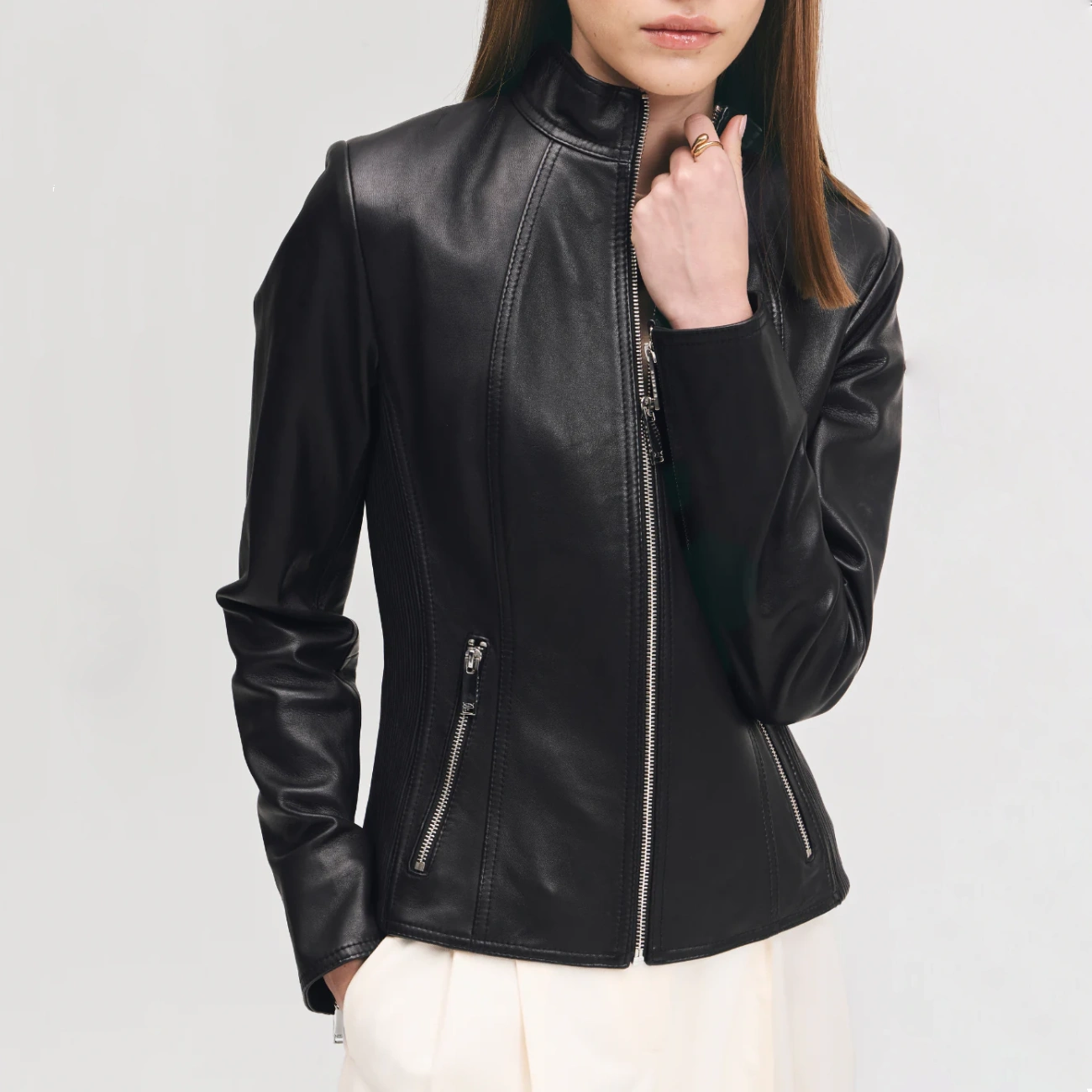 Black womens magalie leather moto jacket