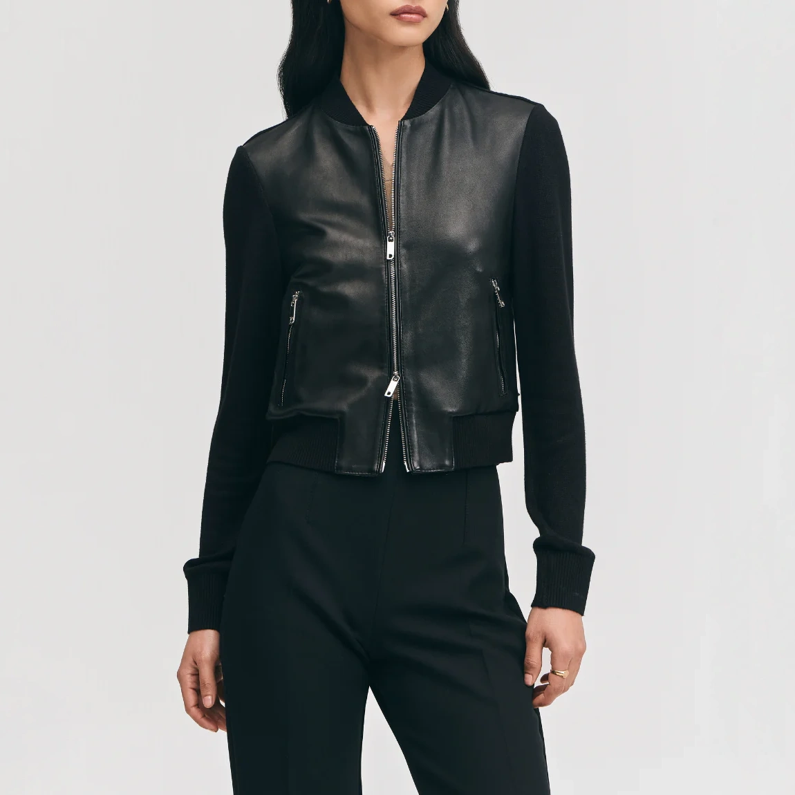 Black womens slim fit wool leather jacket