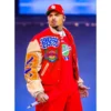 Breezy bowl red and beige bomber letterman jacket