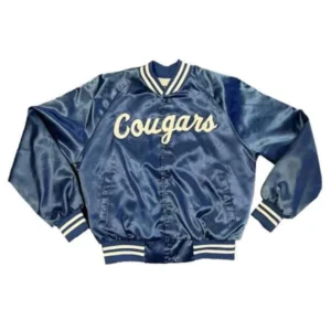 Brigham young university cougars bomber navy satin varsity jacket 1