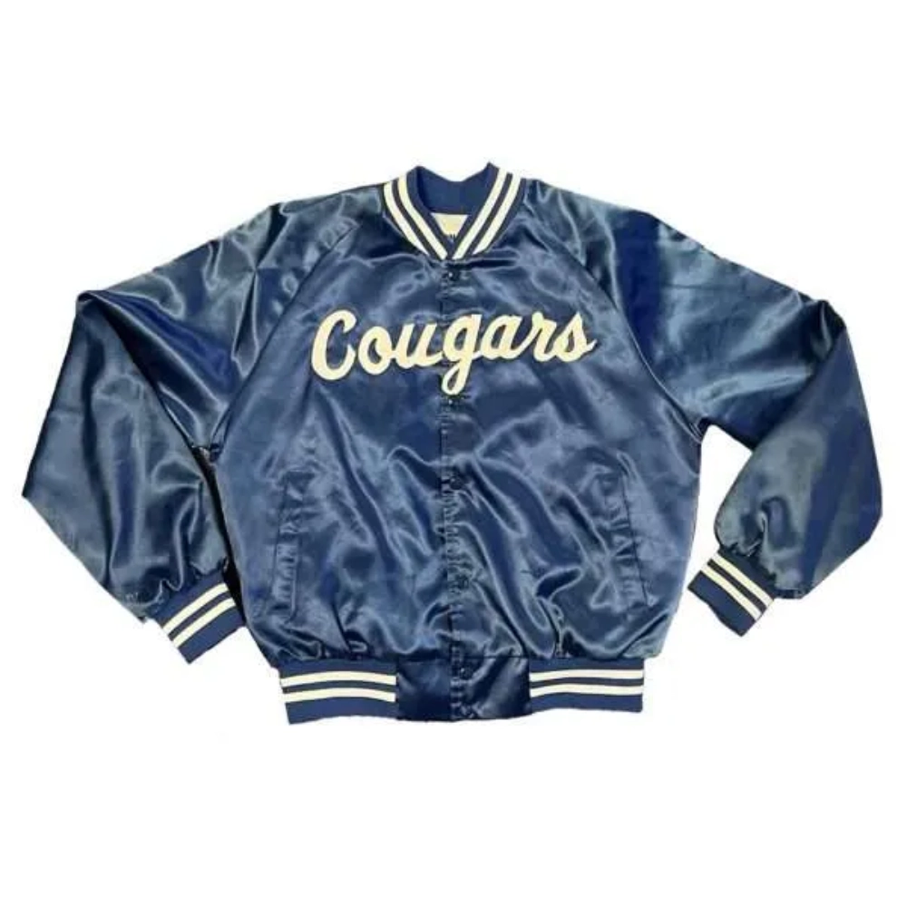 Brigham young university cougars bomber navy satin varsity jacket 1