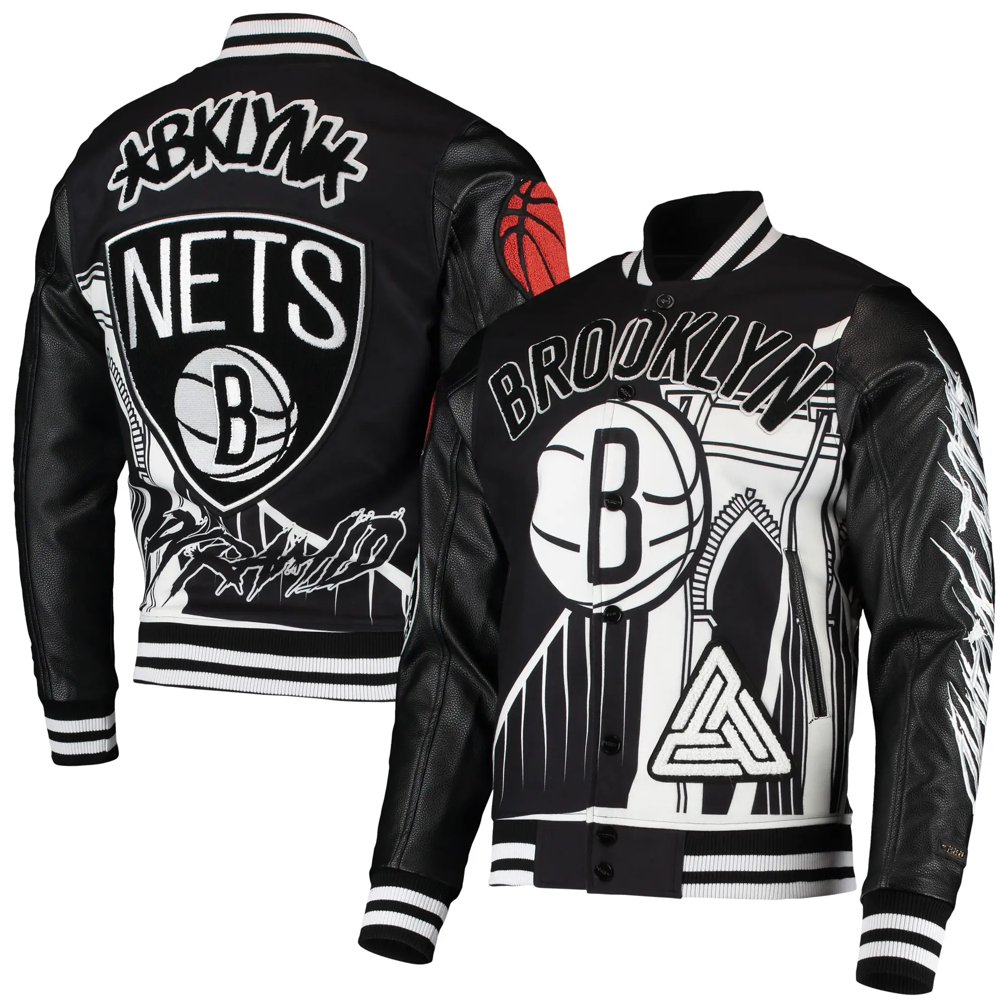 Brooklyn nets full snap black wool leather jacket