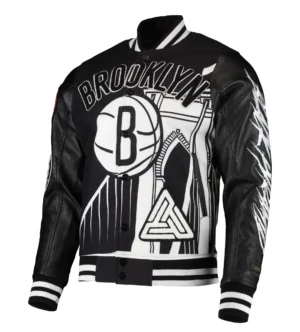 Brooklyn nets full snap wool leather varsity jacket