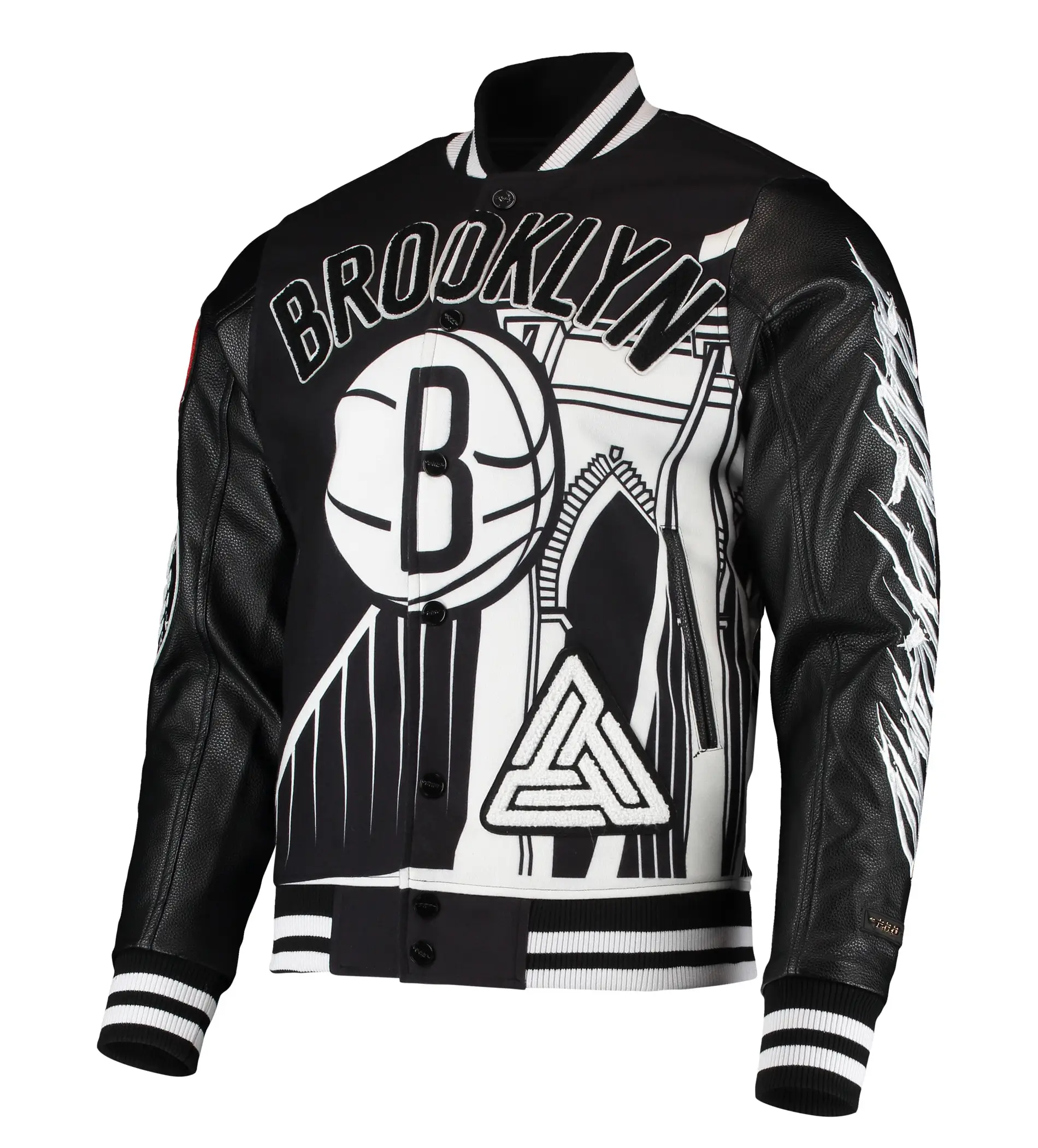 Brooklyn nets full snap wool leather varsity jacket