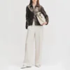 Brown womens concealed zipper leather jacket full view
