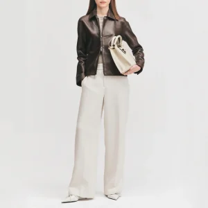 Brown womens concealed zipper leather jacket full view