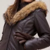 Brown womens leather puffer jacket fur hooded