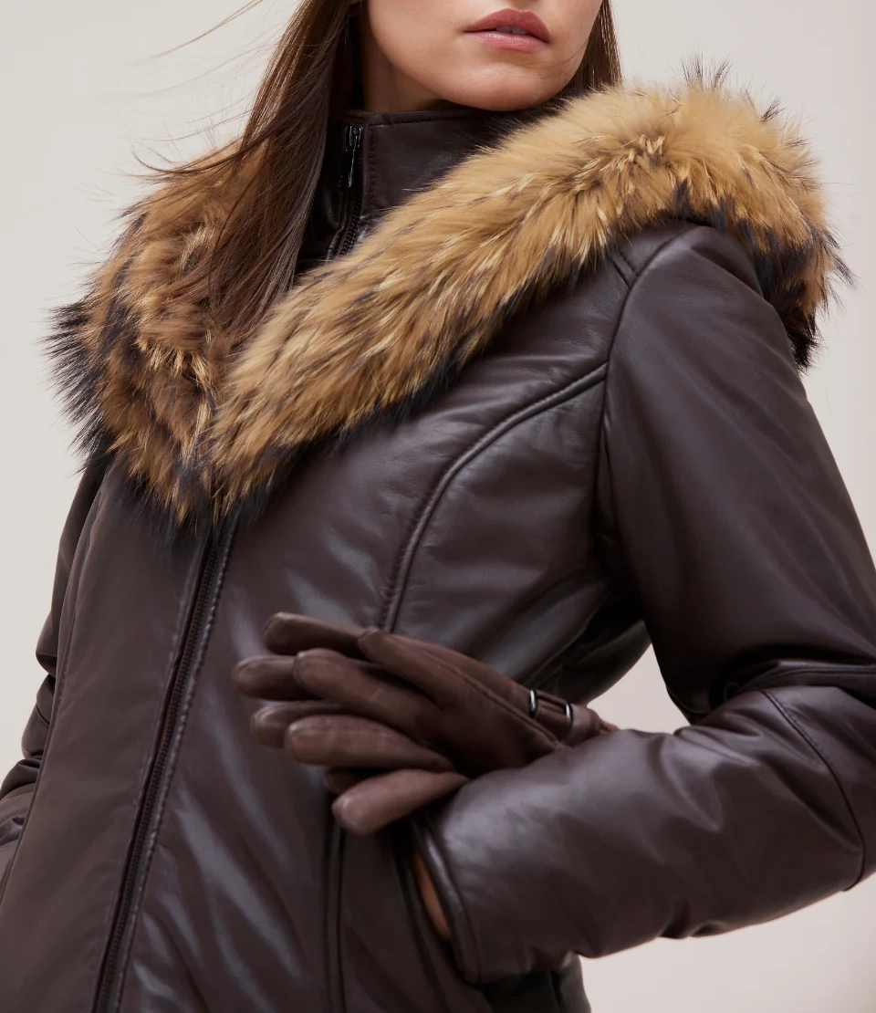 Brown womens leather puffer jacket fur hooded