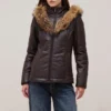 Brown womens leather puffer jacket fur trimmed