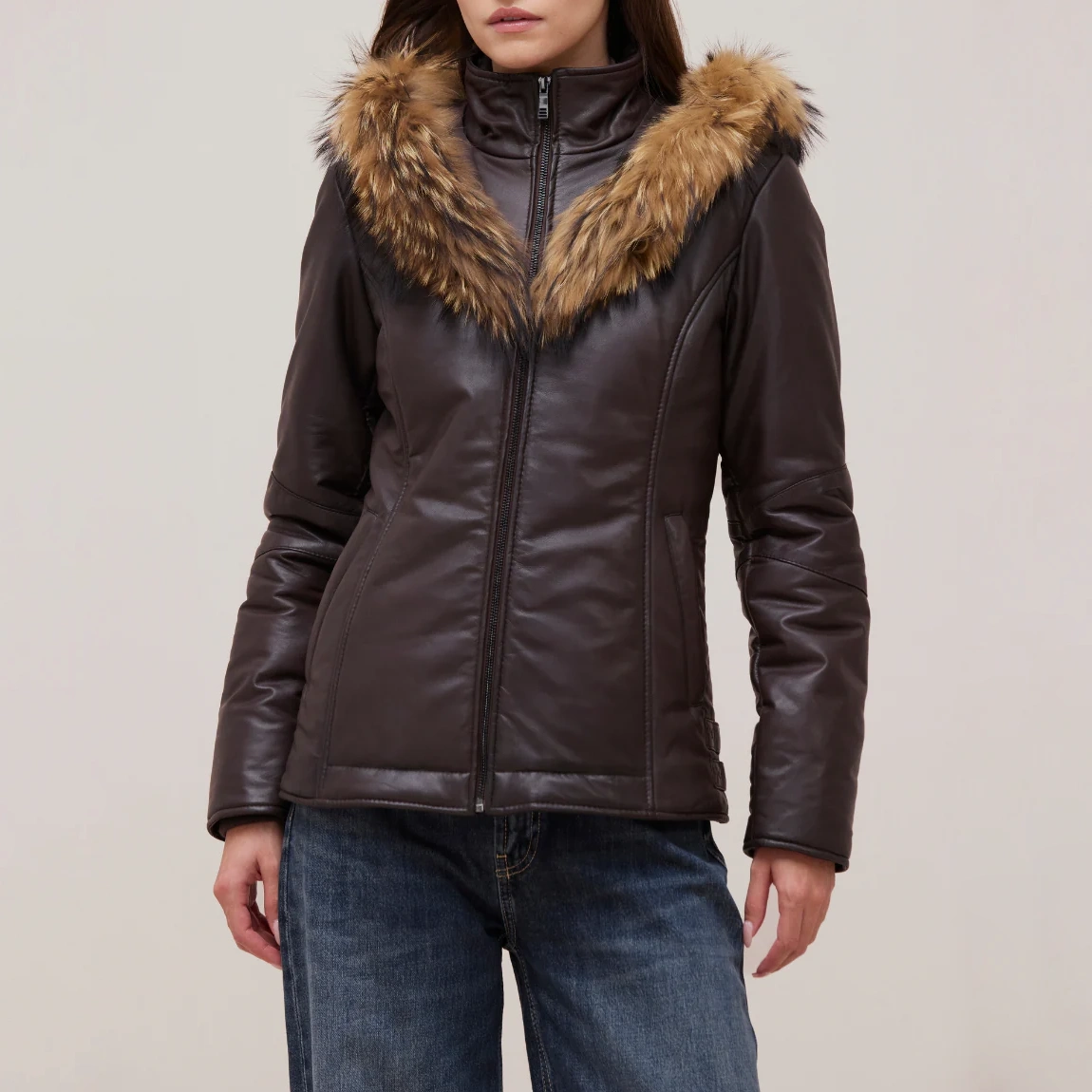 Brown womens leather puffer jacket fur trimmed