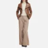 Brown womens wide collar leather biker jacket full view