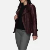 Burgundy womens wide collar leather biker jacket