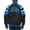 Carolina panthers g iii sports by carl banks raglan black leather varsity jacket 1