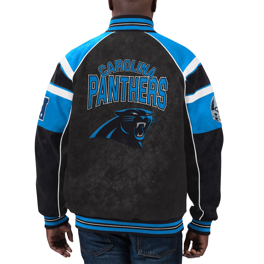 Carolina panthers g iii sports by carl banks raglan black leather varsity jacket 1