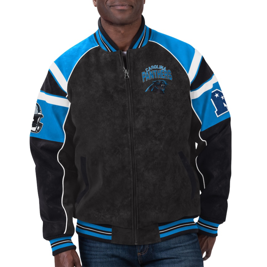 Carolina panthers g iii sports by carl banks raglan black leather varsity jacket 2