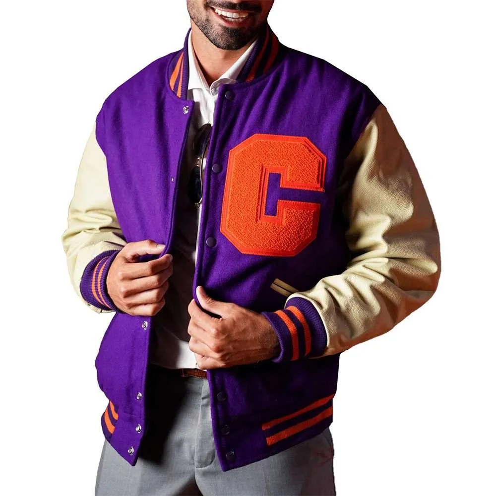 Clemson tigers ceremony purple wool leather letterman varsity jacket