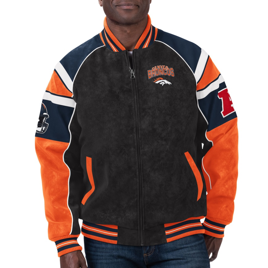 Denver broncos g iii sports by carl banks raglan blackorange leather varsity jacket 1