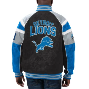 Detroit lions g iii sports by carl banks raglan black blue leather varsity jacket