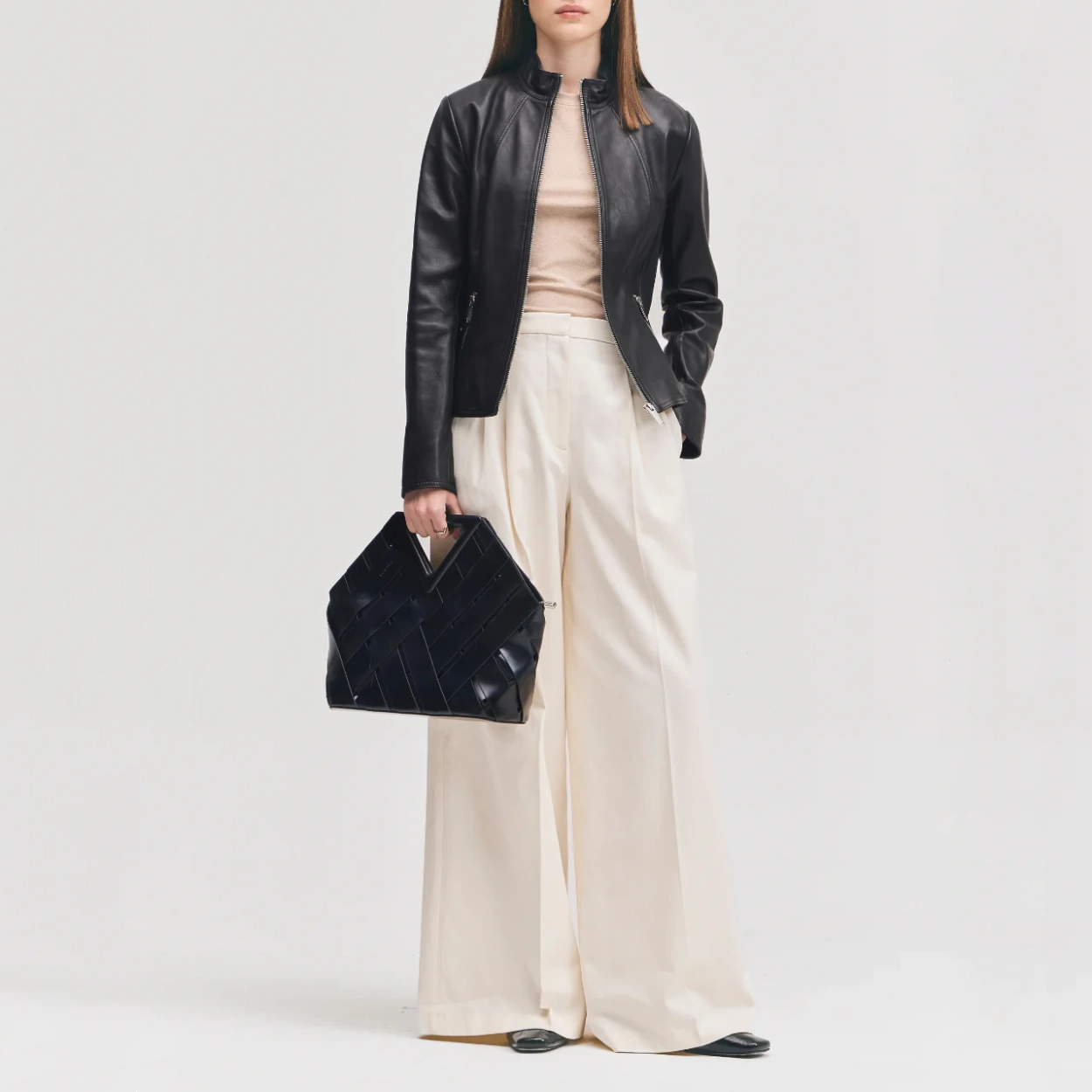 Full view black womens magalie leather jacket