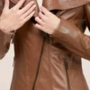 Full zip womens wide collar brown leather biker jacket