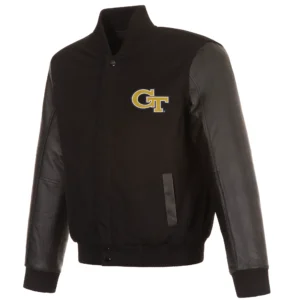 Georgia tech yellow jackets one color black wool leather varsity jacket 4